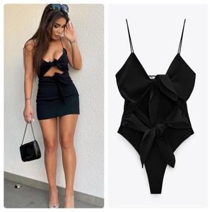 Zara Black Cut Out Bow Bodysuit Size Small NWT New